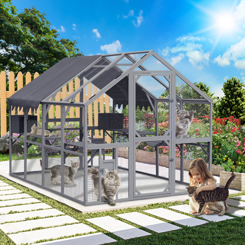 Catio d'extérieur avec plateforme pour plantes - grand parc pour chat 110 "avec perchoir ludique, housse imperméable améliorée