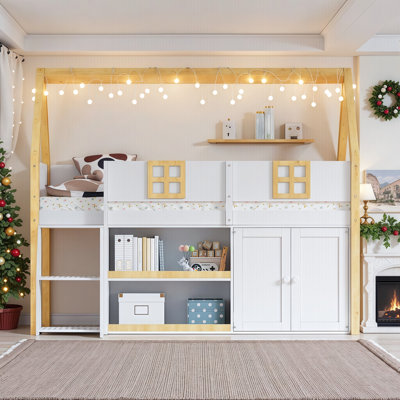 Lit mezzanine bas Adventure-Ready avec escalier intégré, étagère, armoire de rangement et éclairage DEL - Solution polyvalente pour enfants