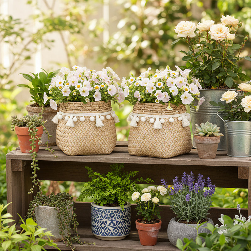 Pot à fleurs en béton tissé brun, panier à fleurs en ciment tressé