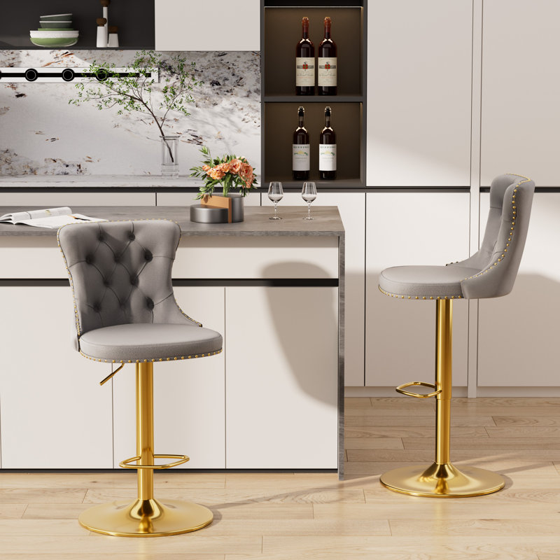 Tabouret de bar pivotant en velours à hauteur réglable avec structure en métal (ensemble de 2), Gris, Doré