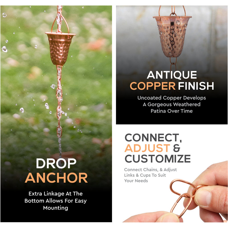 Marrgon Copper Hammered Bell Style Rain Chain, 3 Feet