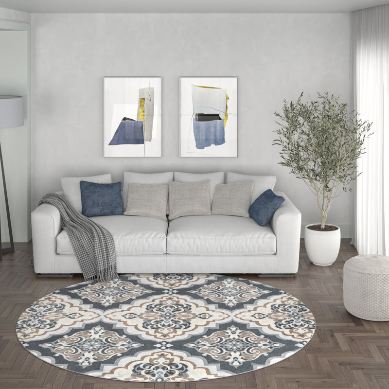 Tapis gris tissé à la machine Tinsman, Rond 5 pi 3 po