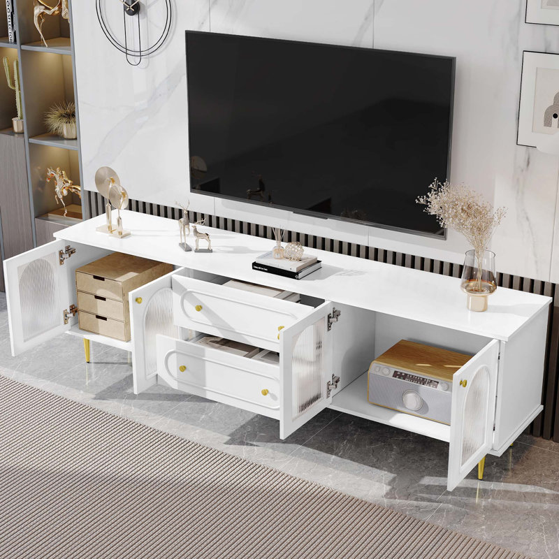 78.7'' Modern TV Stand, TV Cabinet with Five Metal Legs and Metal Handles, 2 Drawers and 2 Cabinets with Fluted Glass Doors For Living room, Up to 80''
