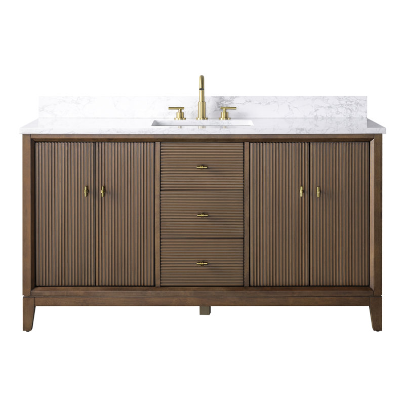 Ensemble de meuble-lavabo autoportant 60 po avec plateau en marbre Caldwell, Blanc Ariston, Chêne naturel, Doré brossé