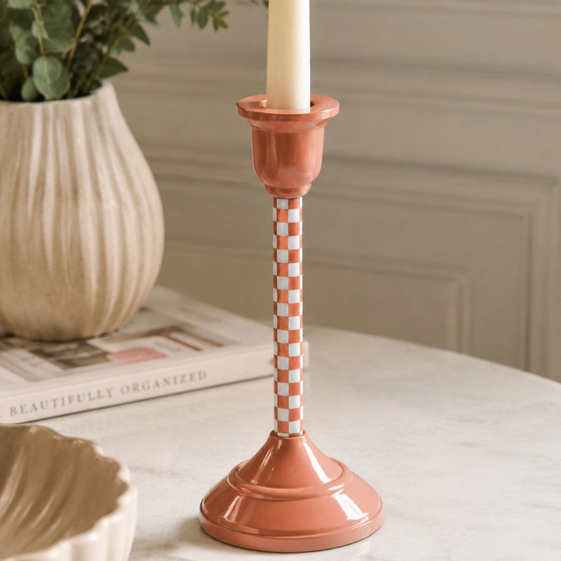 Hand-Painted Dusty Pink Aluminum Taper Candle Holder, 9.75" H x 4.25" W x 4.25" D