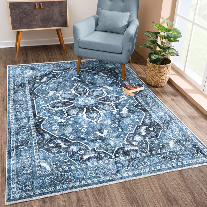 Washable Non-Slip Area Rug - Blue / Charcoal Traditional Oriental Area Rug for Living Room, Bedroom, Dining Room, and Kitchen