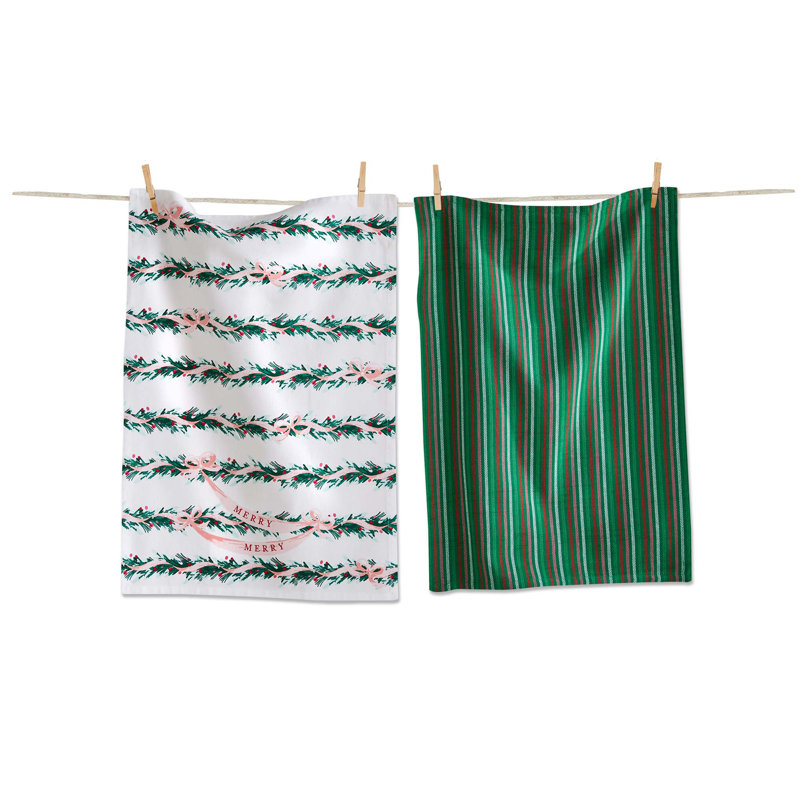Very Merry Garland Dishtowel Set  Christmas Kitchen Towels, Multicolor Cotton, Machine Wash.