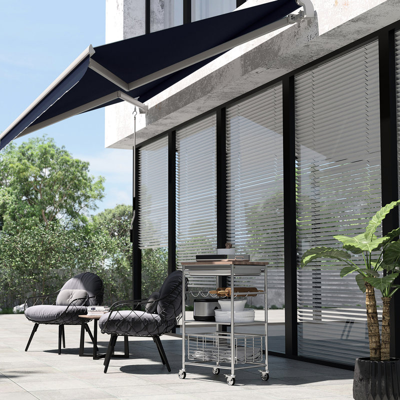 Auvent de terrasse rétractable 10 pi x 8 pi - bleu et protection de l'eau, avec cadre en aluminium et manivelle pour patio, balcon, auvent de jardin,
