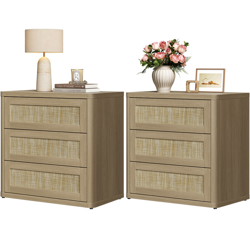 Table de chevet 3 tiroirs Consiglia Boho, Chêne sablé, 2 pièces