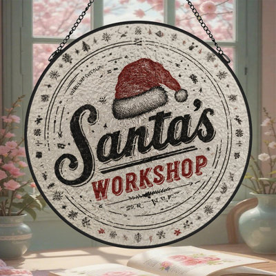 Signe d'atelier du père Noël avec panneau de vitrail en forme de chapeau Suncatcher pour décor de fenêtre