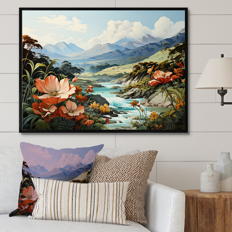 " Beautiful River And Mountain Landscape ", Gold Picture Framed, 34" H x 44" W