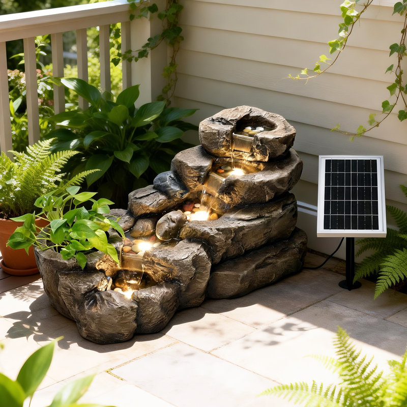 38.2" L Solar Water Fountain Outdoor,5-tier Rock Waterfall Hanaleigh Solar Powered Floor Standing Outdoor Water Feature With Led Lights For Patio, Garden,porch, Yard, Home Art Decor