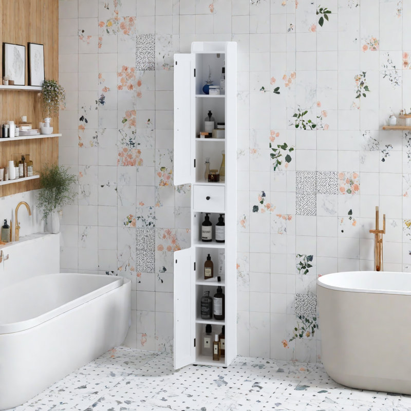 Armoire de rangement pour salle de bain de 67,51 po de hauteur avec tablettes réglables, armoire autoportante mince à 2 portes avec anti-basculement et compartiments ouverts