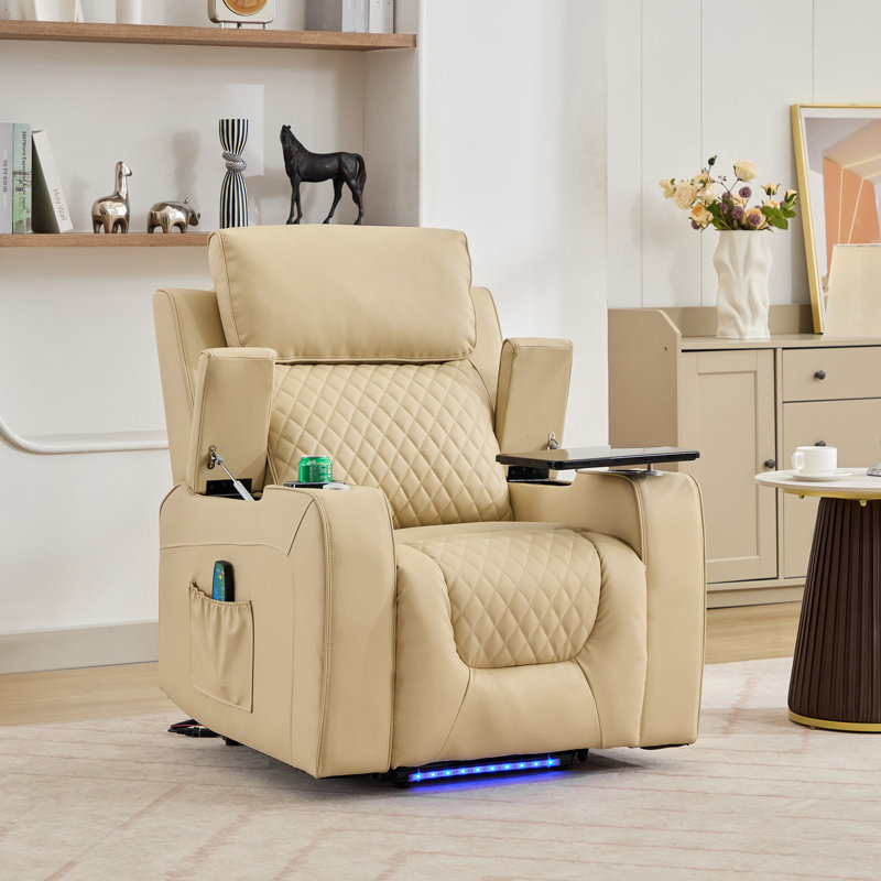 Byron 86cm Wide Faux Leather Lift Assist Standard Recliner with Massager, Cream