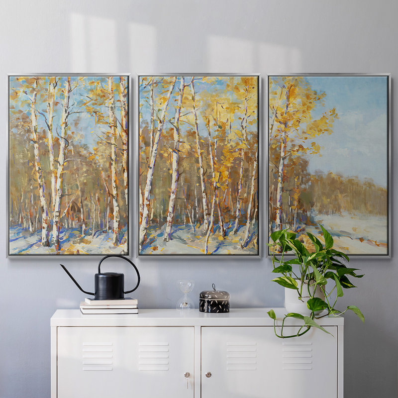 Arbres d'automne - Toile encadrée multi-pièces, H 36 po x l 75 po x P 2 po, Argenté