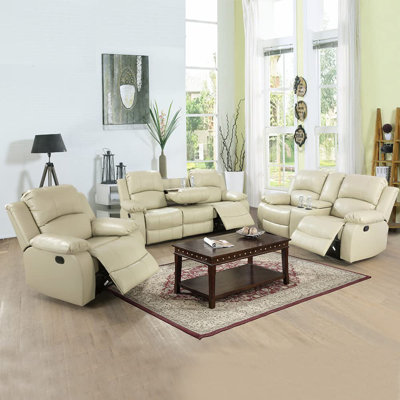Beige Recycled Leather 3-piece Couch Living Room Sofa Set