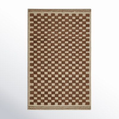 Azle Brown Beige Hand-Woven Checkered Wool Rug
