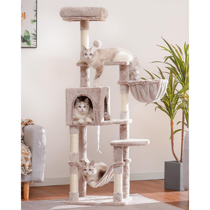 Arbre à chat avec grand hamac, tour de chat à plusieurs niveaux pour chats d'intérieur, condo pour chat avec poteaux à griffes recouverts de sisal et perchoir supérieur, MPJ050W