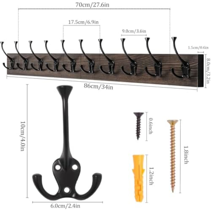 Portemanteau mural rétro, 34 po de long avec 10 crochets à trois crochets noirs | Portemanteau mural, 10 crochets rustiques pour vestibule, salon, manteau, écharpe, sac, serviette, chapeau
