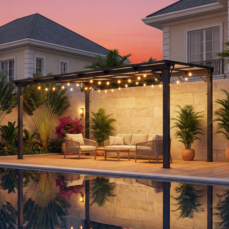 Pergola murale en aluminium, pavillon moderne à toit rigide avec toit en polycarbonate protégé contre les rayons UV, 10 x 10