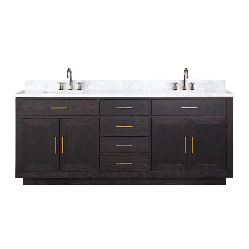 Meuble-lavabo double 80 po, Marbre de Carrare blanc, Chêne noir