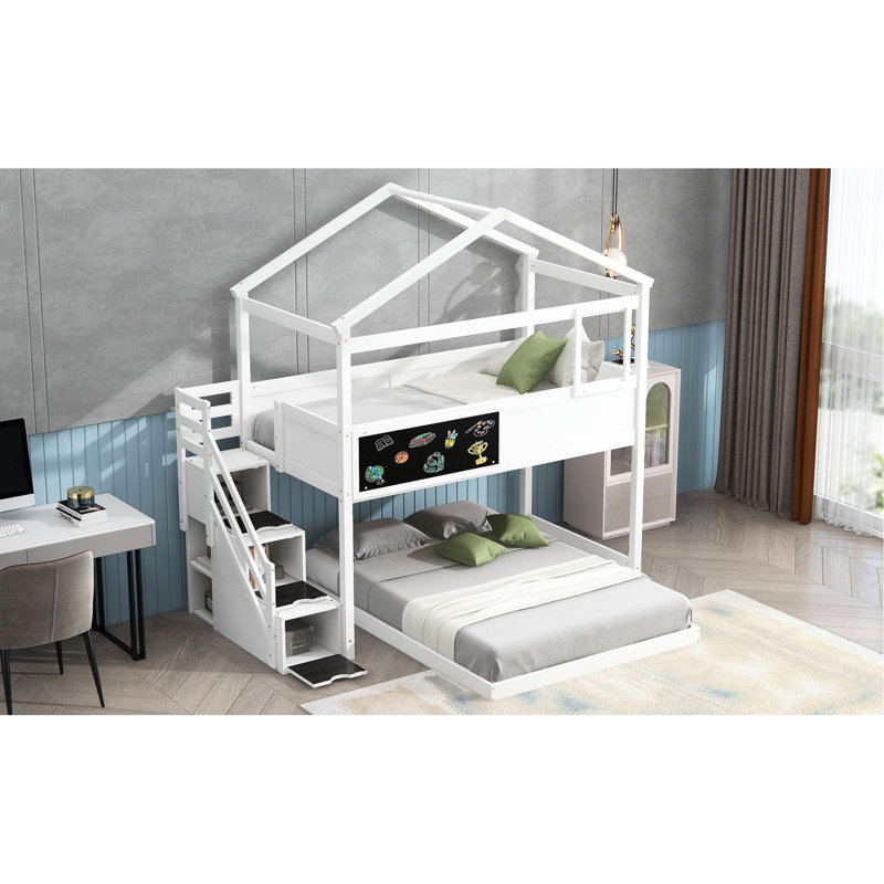 Lit superposé simple au-dessus d'un lit double blanc avec rangement efficace et tableau noir inspirant, Blanc
