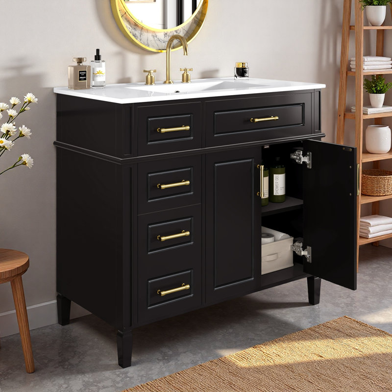 Meuble-lavabo avec lavabo, 1 tiroir rabattable, 3 tiroirs, tablette réglable et poignées en métal doré, Noir