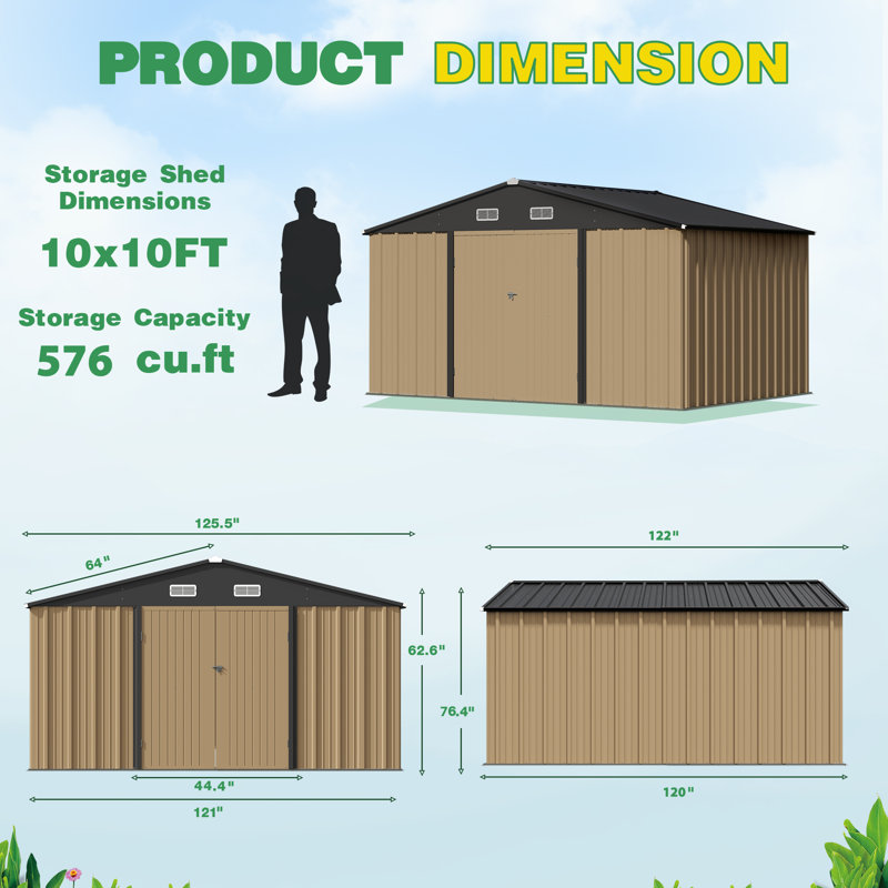 10x10 Ft Outdoor Steel Storage Shed, Large Metal Tool Sheds With Lockable Doors & Air Vent, Brown