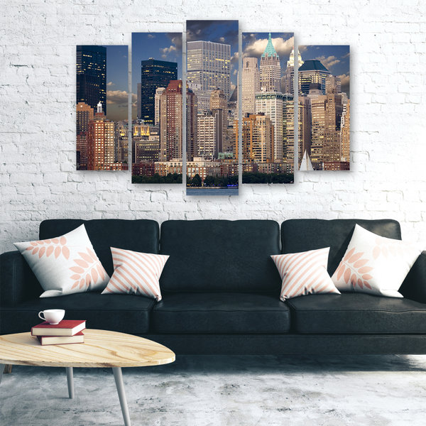 Ebern Designs Panorama New York City - 5 Piece Wrapped Canvas Art ...