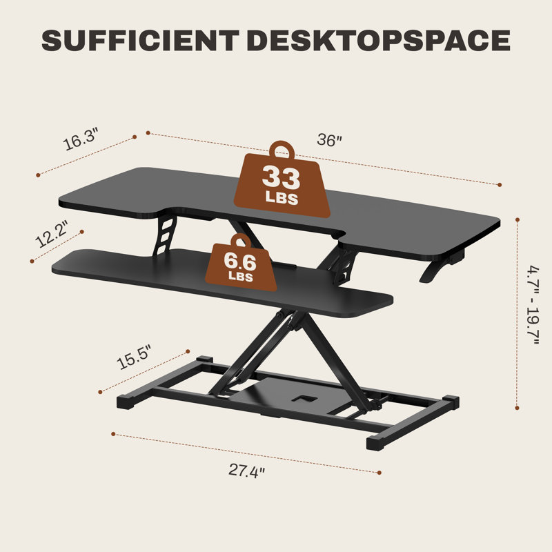 Desk Converter with Removable Keyboard Tray, Black/Black, 19.6" H x 36" W x 16" D