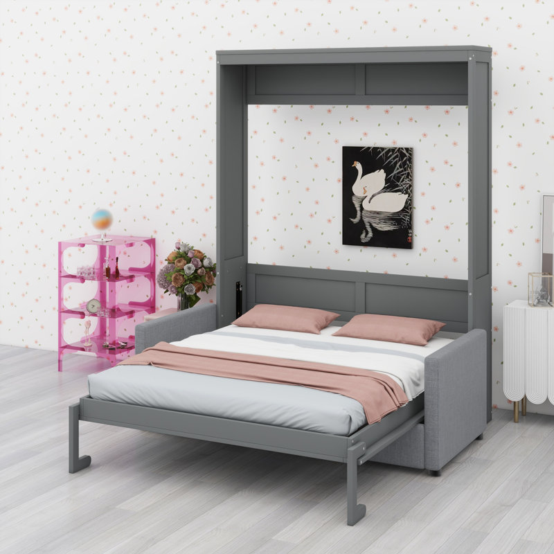 Lit escamotable mural Murphy avec coussin, Gris, Lit double