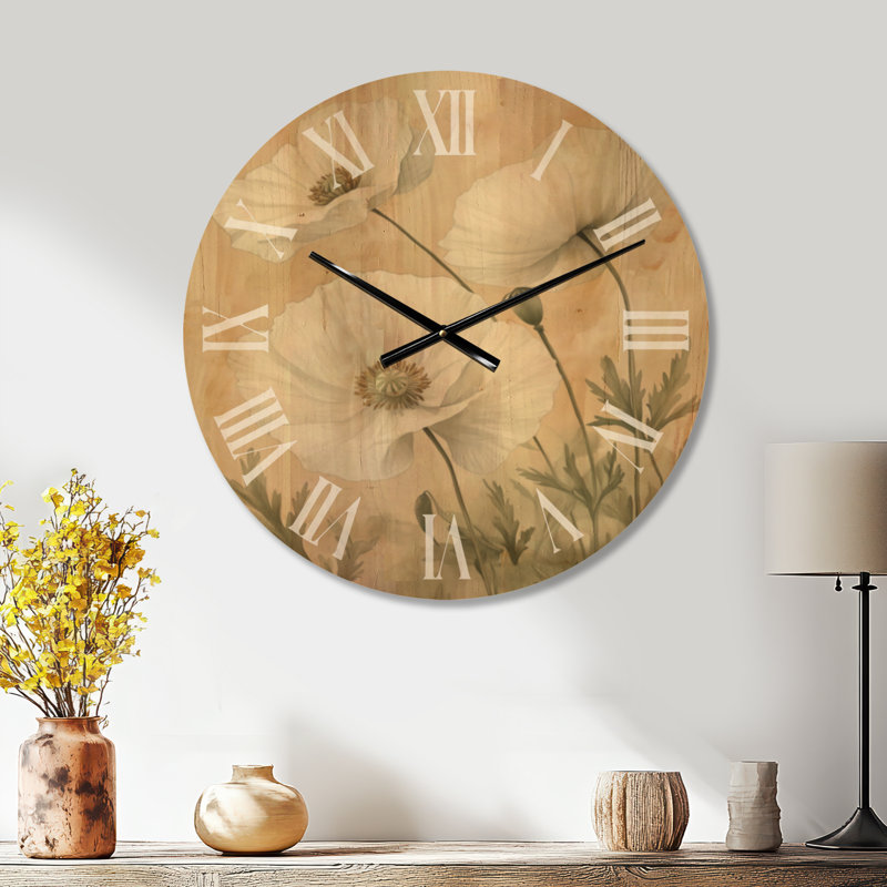 Horloge murale surdimensionnée en bois à motif floral « Coquelicots blancs sereins », Grand