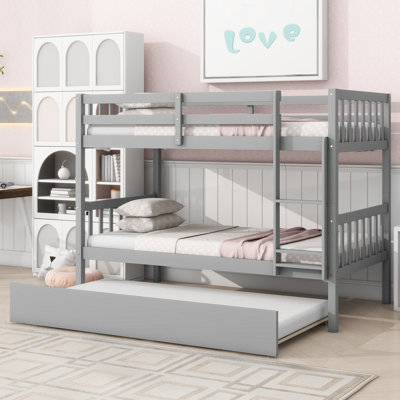 Everwyn Twin Over Twin Rubber Wood Bunk Bed with Trundle, Convertible to 2 Twin Beds, Natural