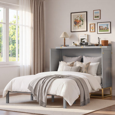 Lit escamotable avec faux tiroirs, motif à rayures verticales, base en métal à haut dégagement et poignées en métal doré