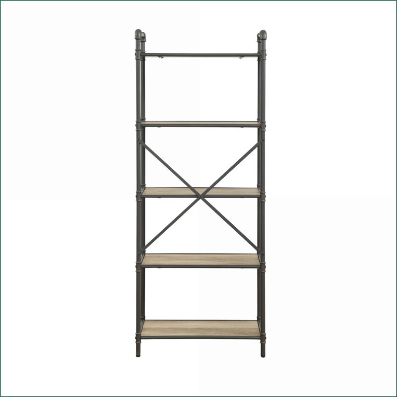 Bibliothèque industrielle 5 tablettes 23 "x 13" chêne antique et gris sable | Gris, chêne | Métal, bois synthétique