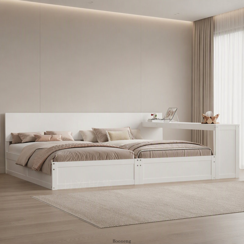 Ensemble de 2 cadres de lit plateforme simple avec bureau de rangement réglable, tablette flexible, lit de rangement pour chambre d'enfant, blanc