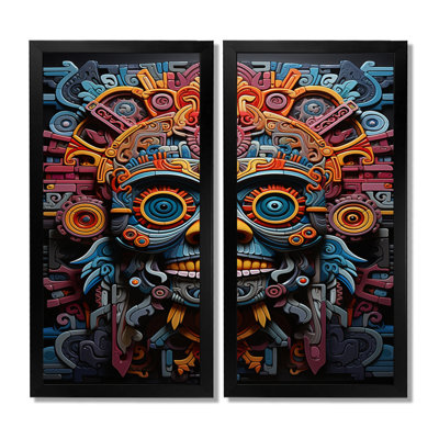 «Teal Orange Mexico Vibrant Aztec Mask», art mural encadré au Mexique, ensemble de 2 impressions sur toile bleu sarcelle