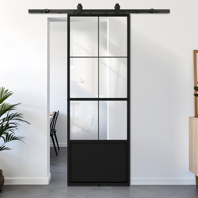 Clear Glass Black Steel Frame Interior Barn Door With Sliding Hardware Kit