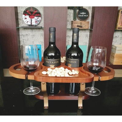 Katrina 2 Bottle Solid Wood Tabletop Wine Bottle & Glass Rack in Brown