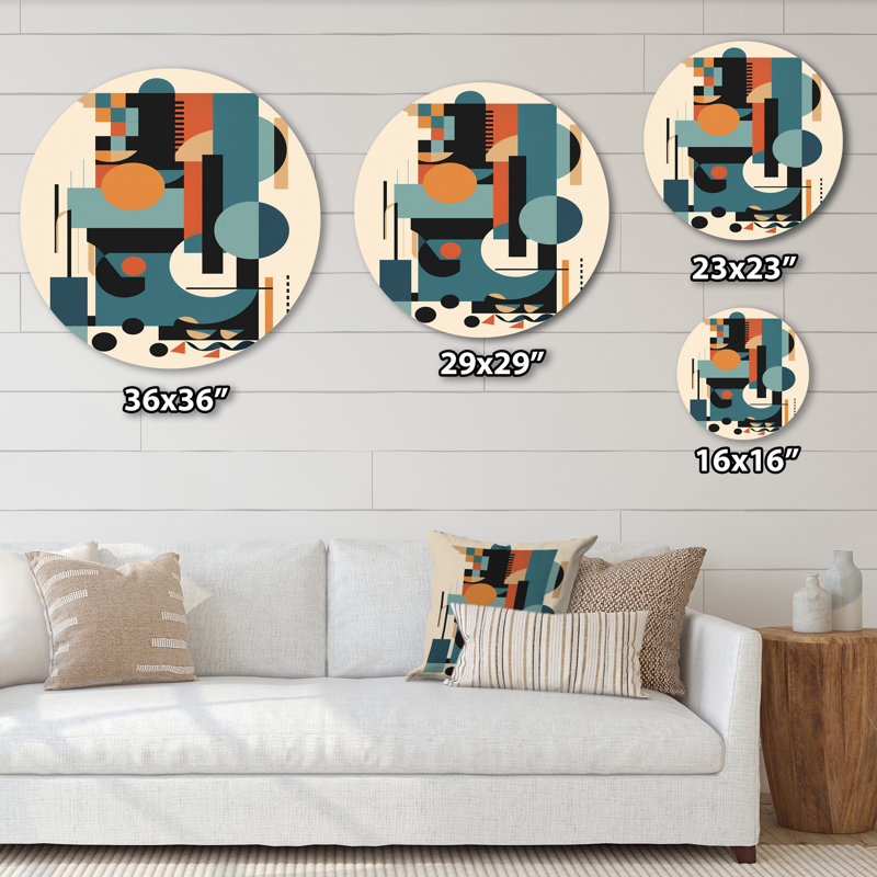«Blue and Orange Minimalistic Symphony I», art mural rond abstrait minimalisme sur métal, H 23 po x l 23 po x P 1 po