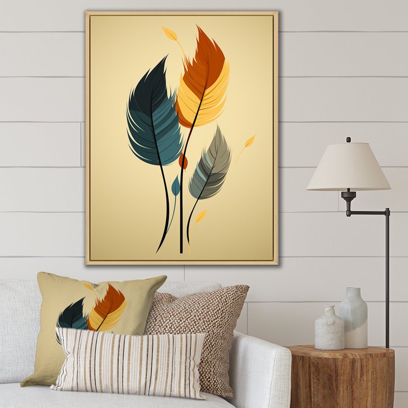 Rétro plumes de bohème orange et orange sur toile, Cadre flottant brun, H 32 po x l 24 po x P 1 po