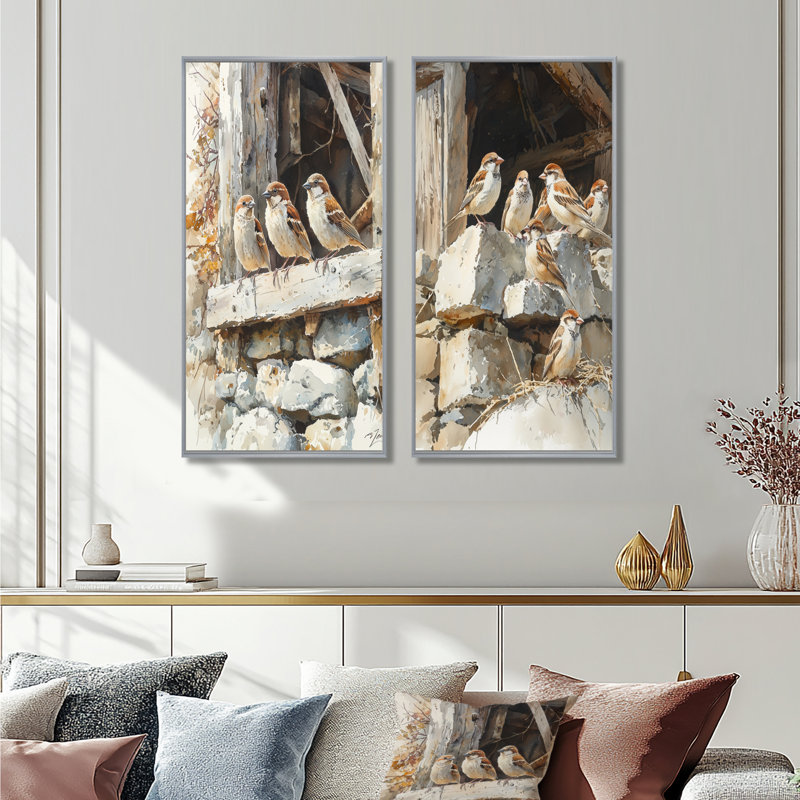 «Sparrows Birds In The Farmyard I», collection d'art sur toile 2 animaux, H 32 po x l 33 po, Encadrement argenté