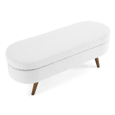 Oval White Linen With Steady Rubber Wood Legs For Function Footstool Solid Storage Bench