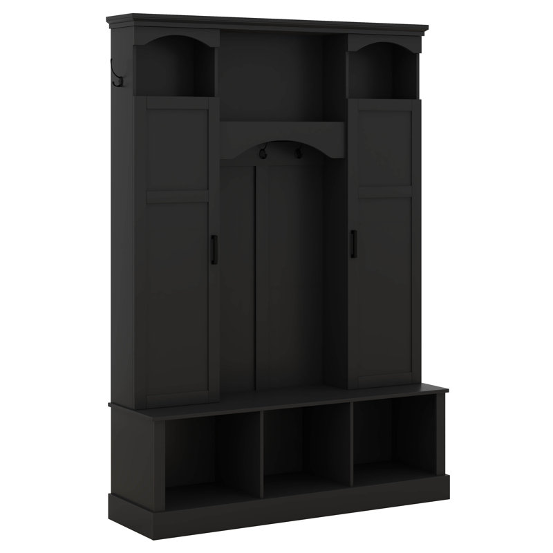 55.1" Wide Hall Tree With Bench And Adjustable Shelves, Classic Arched Entryway Organizer With Dual Side Cabinets, 7 Hooks