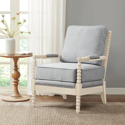 Madison Park Signature Donohue 25.5" Wide Spindle Leg Accent Chair With Cushioned Back And Seat & Nailhead Trim, Light Blue & Antique Cream