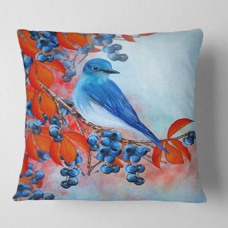 Couvre-oreiller carré brillant avec bouvreuil assis sur une branche III, 18" x 18"