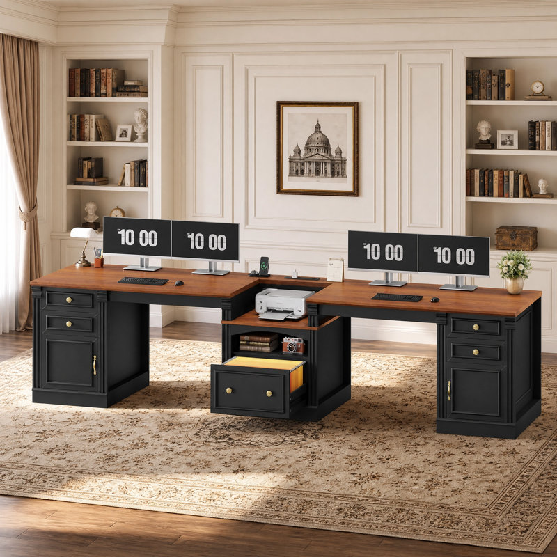 Bureau double 2 places 110 po avec tiroirs et armoire, avec prises électriques et espace pour imprimante, long bureau pour deux personnes, noir et brun