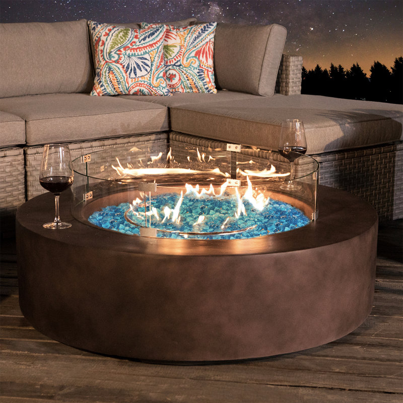 Koby Round Concrete Propane Smokeless Fire Pit Table, Dark Bronze/Blue