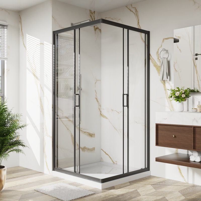 Cabine de douche P 36 po x l 36 po x H 72 po, porte de douche de coin coulissante avec verre trempé transparent de 1/5 po, cadre en aluminium