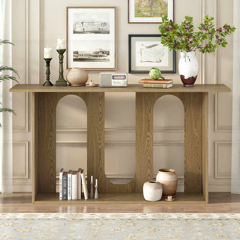Modern and Curved Design Ash Veneer Console Table with Shelf, Natural